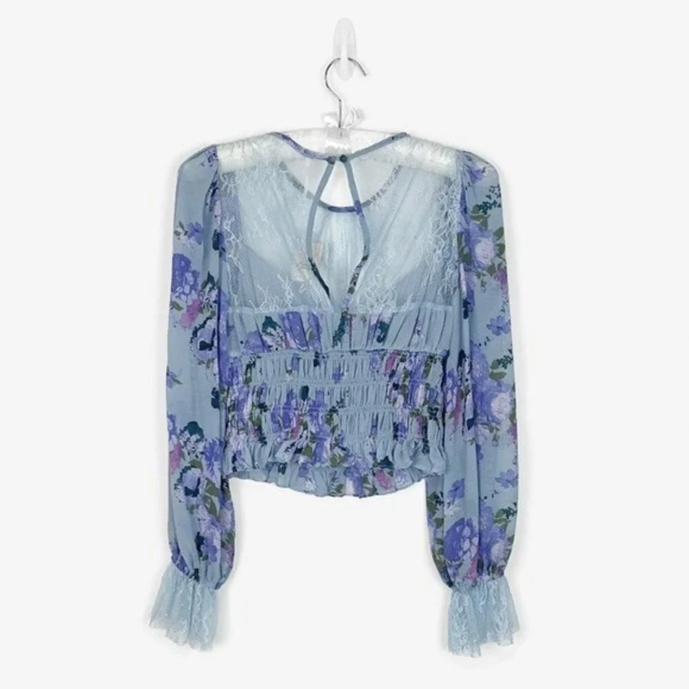Free People Daphne Blouse Size S Blue Floral Lace Boho Cottage Girlcore Romantic